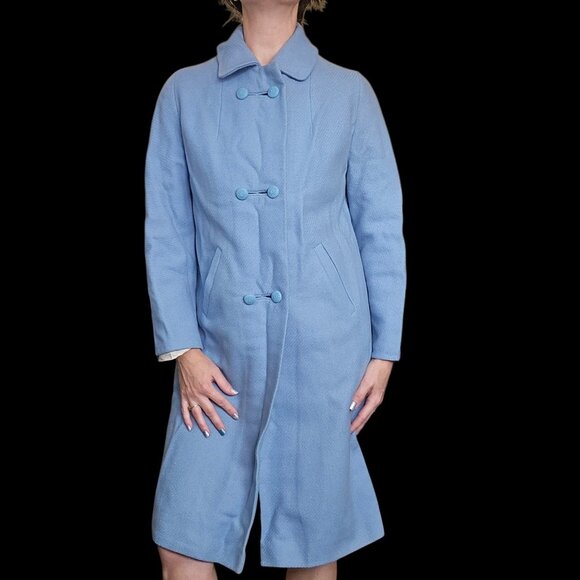 60s Light Blue Wool Peacoat Double Breasted USA Pastel Sz Small Knee Length - Picture 1 of 16